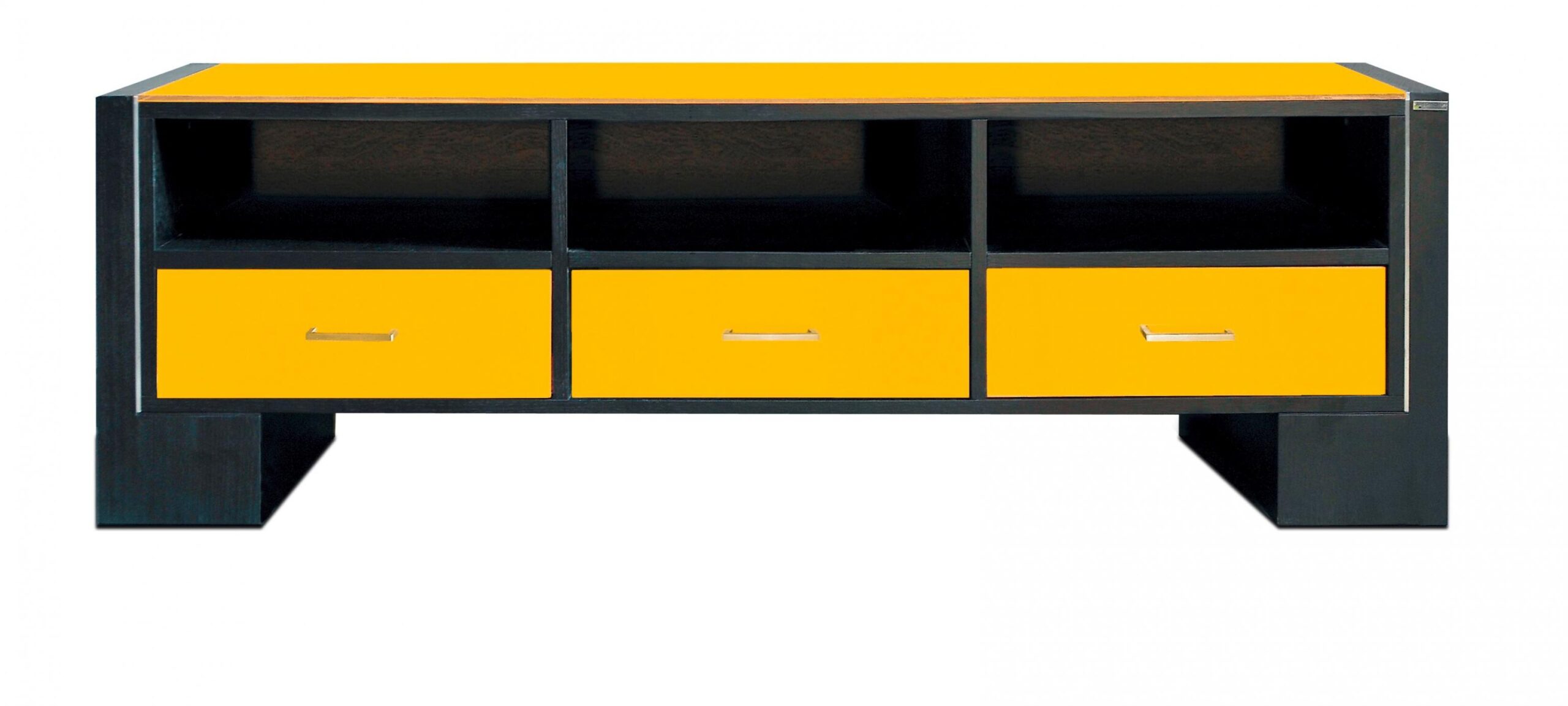 Design TV Lowboard Fernsehtisch Schubladen Lack Glas Holz Fächer wissmann art122 Schwarz Gelb