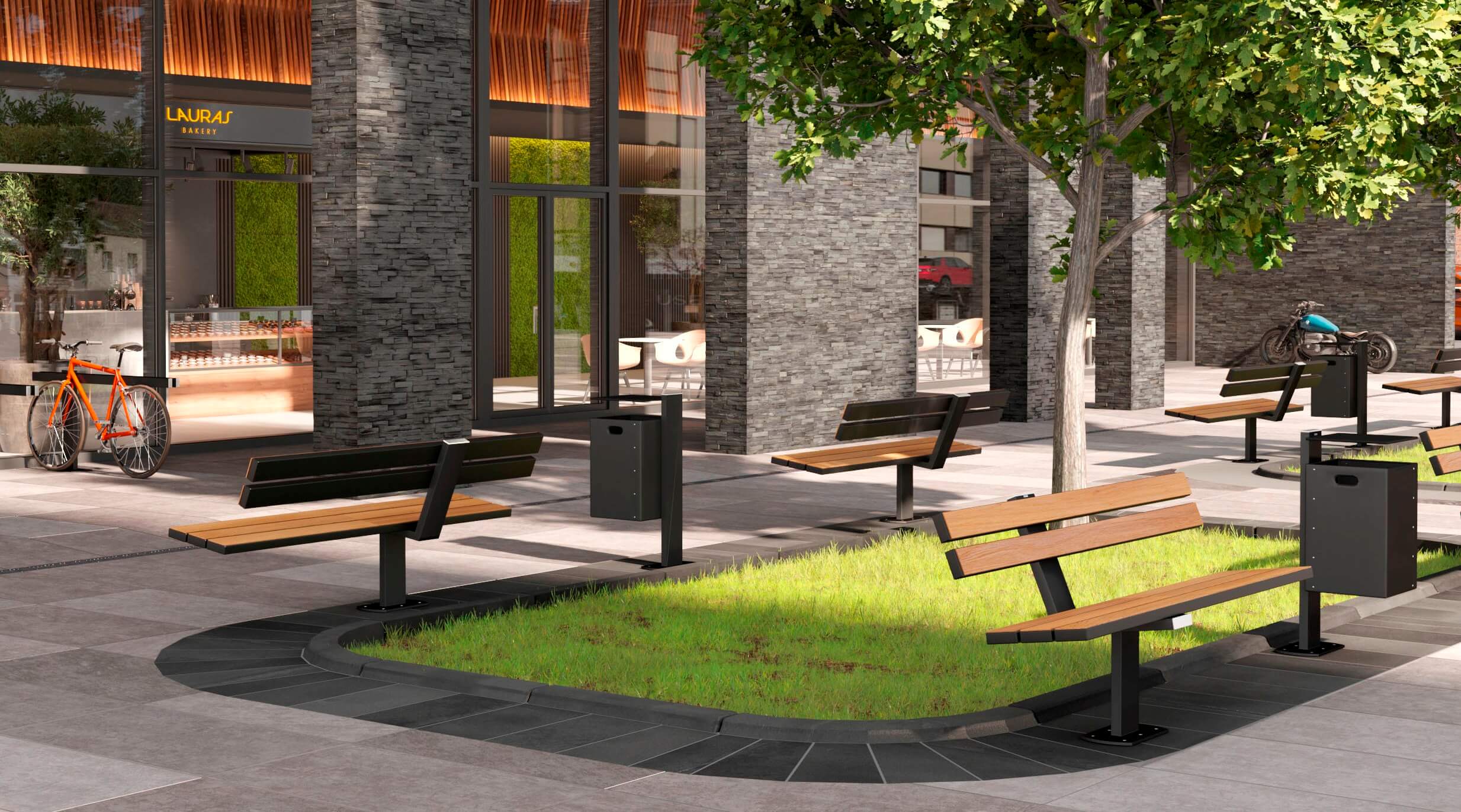 wissmann Sitzbank Parkbank Metall Nachhaltig Design Modern Stadtverwaltung Fußgängerzone öffentliches Gebäude